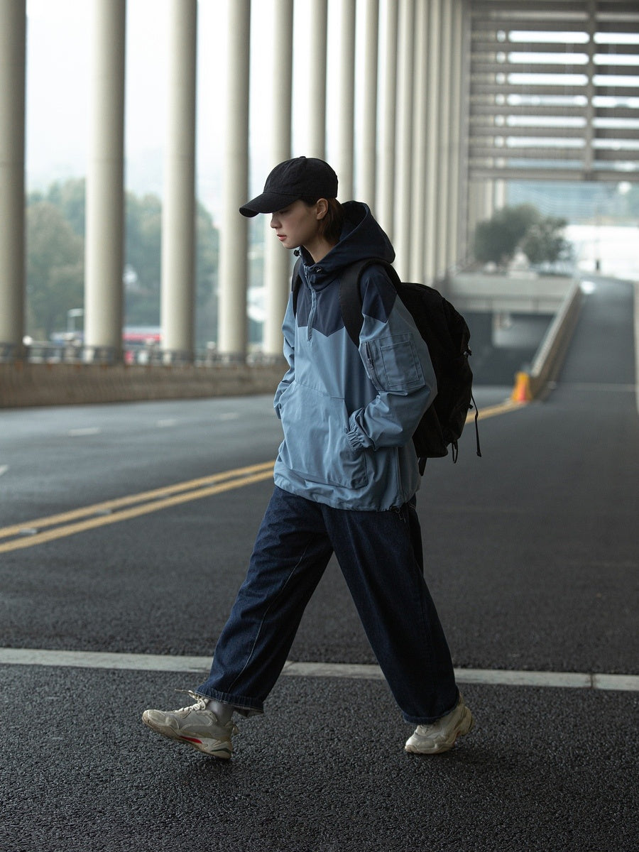 Color Matching Hooded Pullover Jacket