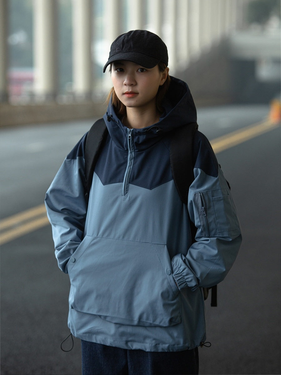 Color Matching Hooded Pullover Jacket
