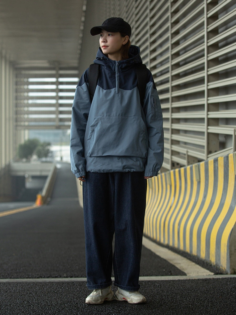Color Matching Hooded Pullover Jacket