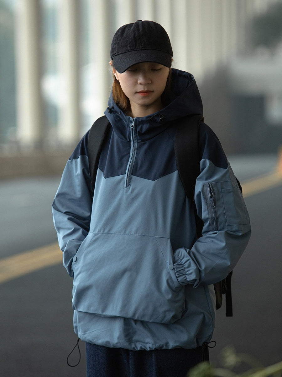Color Matching Hooded Pullover Jacket