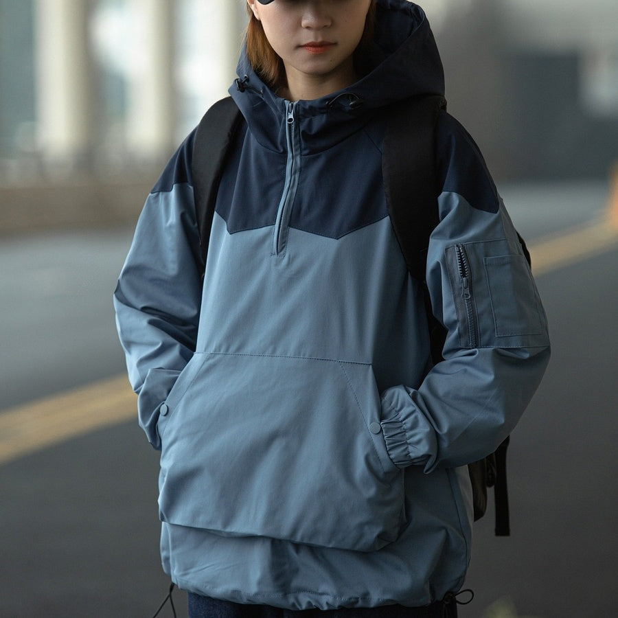 Color Matching Hooded Pullover Jacket